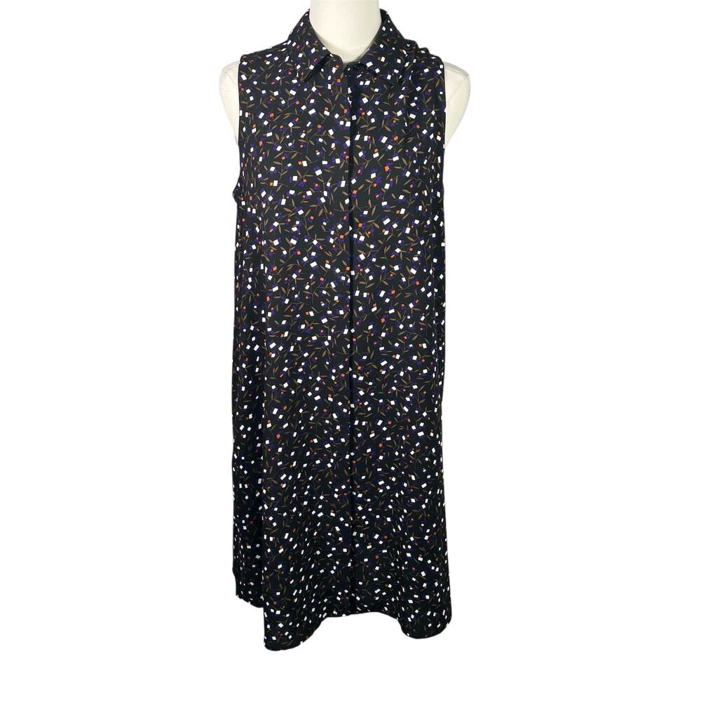 Anne Klein Black Sleeveless Shirt Dress Sz 8 Abstract Print‎ Button Front